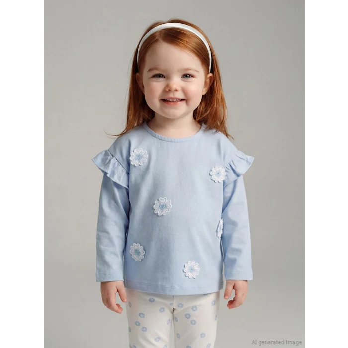 LCW baby Mavi Çiçek Nakışlı Kız Bebek Bluz ve Tayt