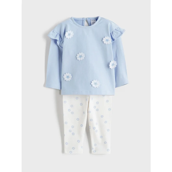LCW baby Mavi Çiçek Nakışlı Kız Bebek Bluz ve Tayt