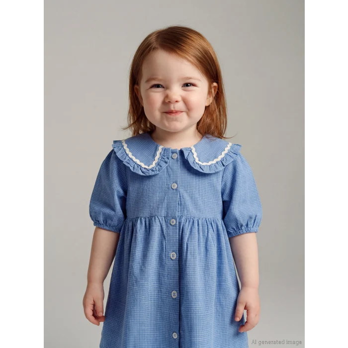 LCW baby Mavi Nakışlı Bebe Yaka Kareli Kız Bebek Elbise