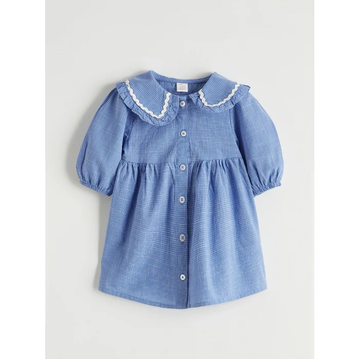 LCW baby Mavi Nakışlı Bebe Yaka Kareli Kız Bebek Elbise