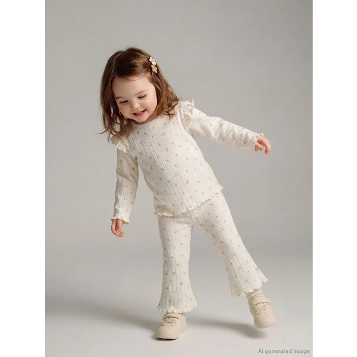 LCW baby Ekru Çiçekli Kız Bebek Tişört ve Tayt