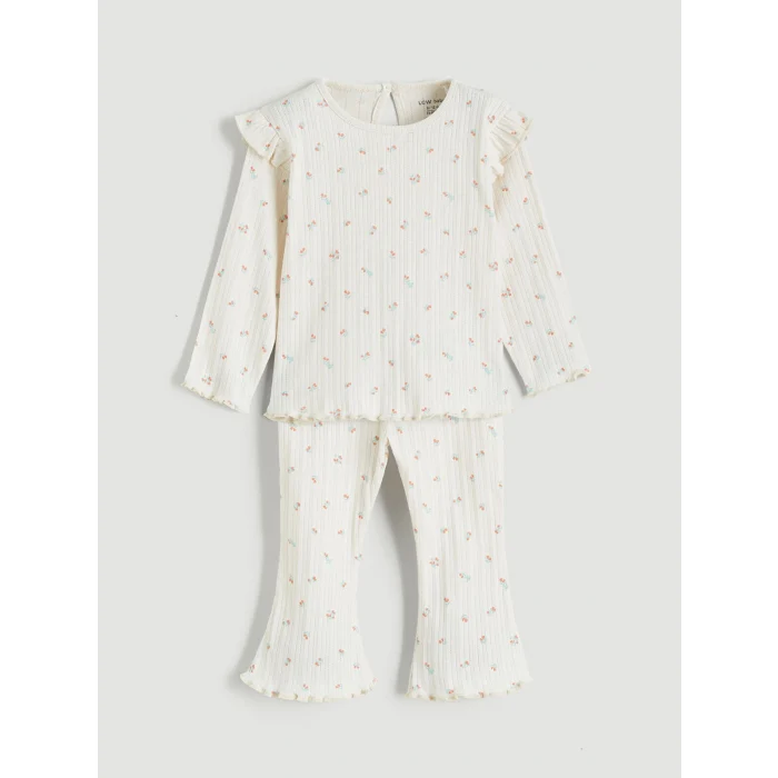 LCW baby Ekru Çiçekli Kız Bebek Tişört ve Tayt