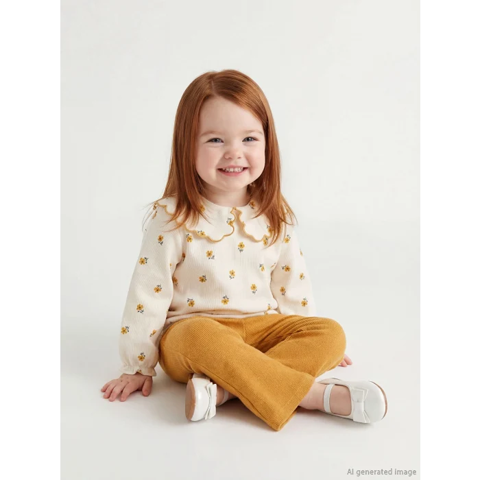 LCW baby Ekru Bebe Yaka Yumuşak Dokulu Kız Bebek Bluz ve Tayt Pantolon