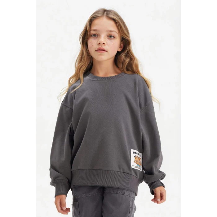 Defacto G3405A8AR148 Antrasit Kız Çocuk Oversize Geniş Kalıp Bisiklet Yaka Sırt Baskılı Sweatshirt