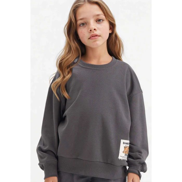 Defacto G3405A8AR148 Antrasit Kız Çocuk Oversize Geniş Kalıp Bisiklet Yaka Sırt Baskılı Sweatshirt