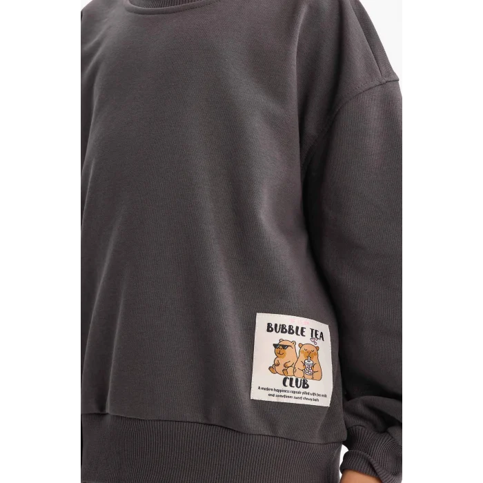 Defacto G3405A8AR148 Antrasit Kız Çocuk Oversize Geniş Kalıp Bisiklet Yaka Sırt Baskılı Sweatshirt
