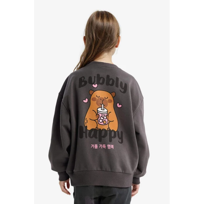 Defacto G3405A8AR148 Antrasit Kız Çocuk Oversize Geniş Kalıp Bisiklet Yaka Sırt Baskılı Sweatshirt