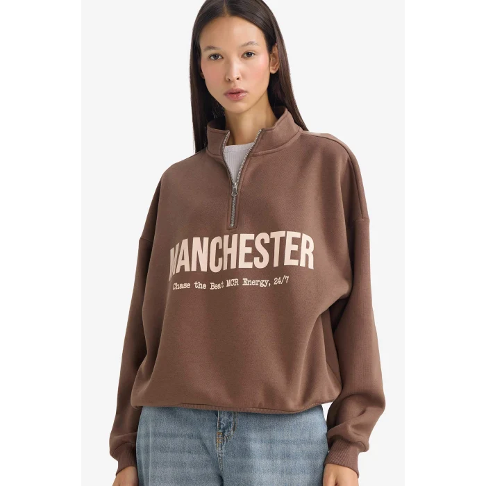 Defacto G6186AXBN1 Kahve Oversize Geniş Kalıp Yarım Fermuarlı Baskılı Kalın Kumaş Sweatshirt