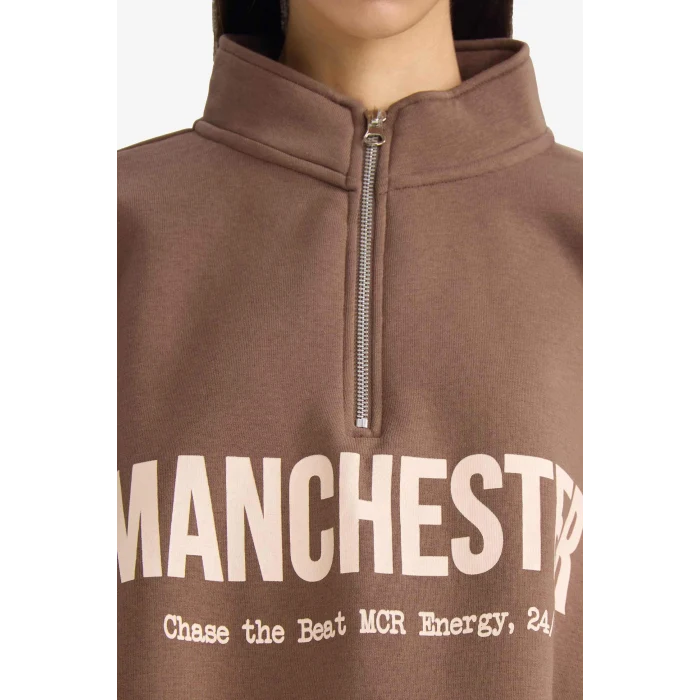 Defacto G6186AXBN1 Kahve Oversize Geniş Kalıp Yarım Fermuarlı Baskılı Kalın Kumaş Sweatshirt