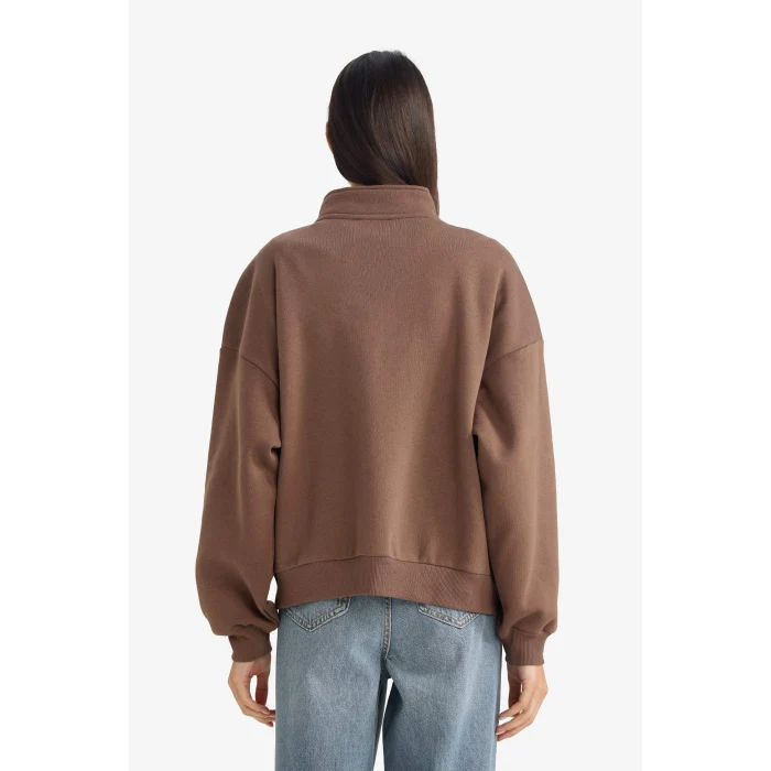 Defacto G6186AXBN1 Kahve Oversize Geniş Kalıp Yarım Fermuarlı Baskılı Kalın Kumaş Sweatshirt