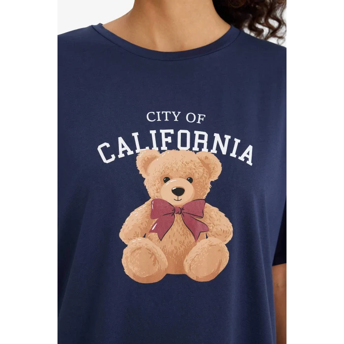 Defacto F4016AXNV241 Lacivert Regular Fit Pijama Takımı Ayıcık Baskılı Kısa Kollu Üst Kareli Alt-Fall in Love