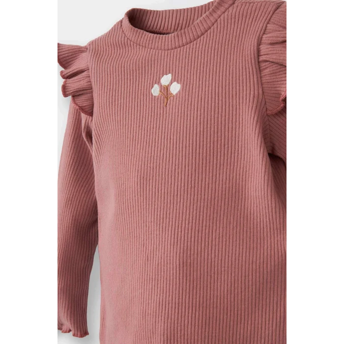 Defacto Y1122A2PN429 Pembe 2li Takım Çiçekli Uzun Kollu Fitilli Kaşkorse Tişört Tayt Kız Bebek