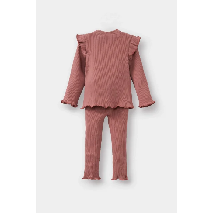 Defacto Y1122A2PN429 Pembe 2li Takım Çiçekli Uzun Kollu Fitilli Kaşkorse Tişört Tayt Kız Bebek