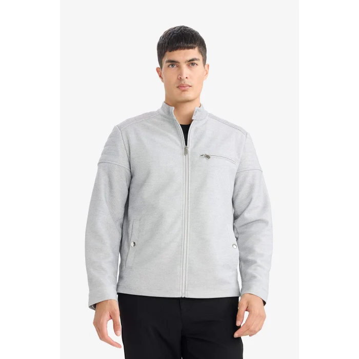 Defacto D7534AXGR221 Gri Slim Fit Dar Kesim Dik Yaka Astarlı Fermuarlı Cepli Mevsimlik Baharlık Mont