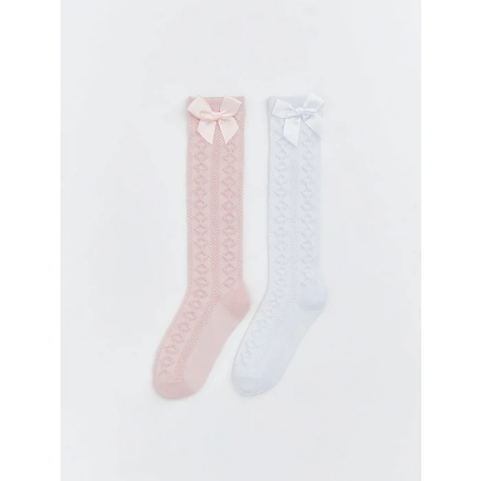 LCW Kids Pembe Fiyonk Detaylı Kız Çocuk Diz Altı Çorap 2li