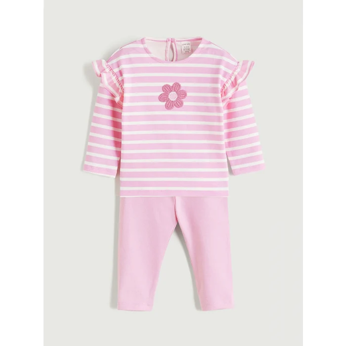 LCW baby Ekru Çiçek Nakışlı Kız Bebek Bluz ve Tayt