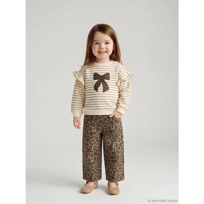 LCW baby Kahverengi Beli Lastikli Leopar Desenli Kız Bebek Pantolon