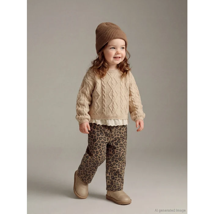 LCW baby Kahverengi Beli Lastikli Leopar Desenli Kız Bebek Pantolon