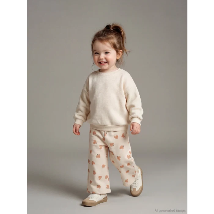 LCW baby Bej Beli Lastikli Baskılı Kız Bebek Eşofman Altı