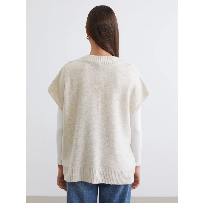 LCW Modest Ekru V Yaka Kendinden Desenli Oversize Kadın Triko Süveter