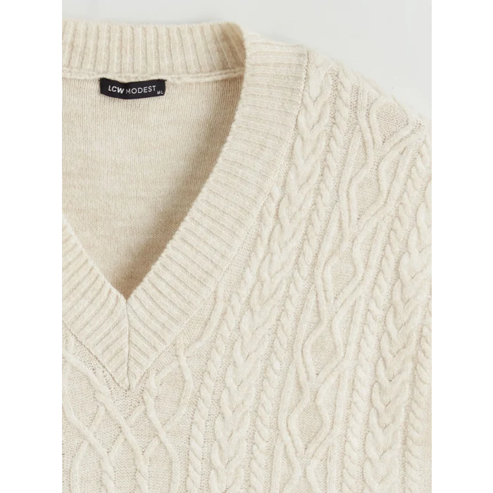 LCW Modest Ekru V Yaka Kendinden Desenli Oversize Kadın Triko Süveter