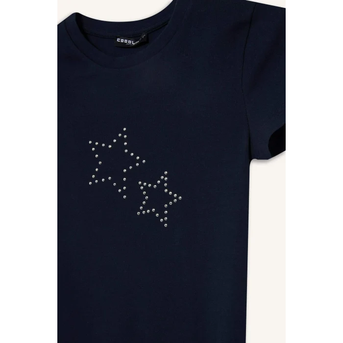 Defacto G2770AXNV1 Lacivert Fitted Yıldız Desenli Ribana Tişört