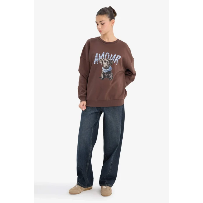 Defacto G6890AXBN1 Kahve Oversize Baskılı Sweatshirt