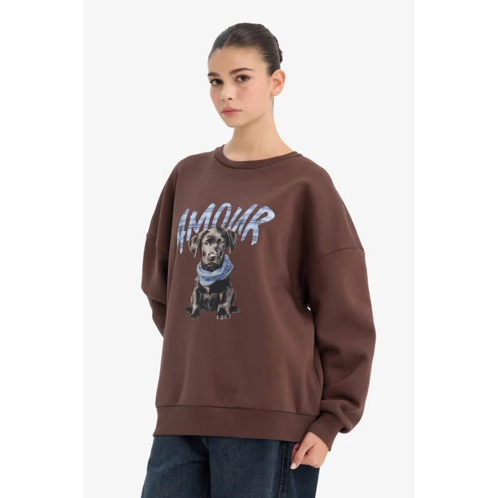 Defacto G6890AXBN1 Kahve Oversize Baskılı Sweatshirt