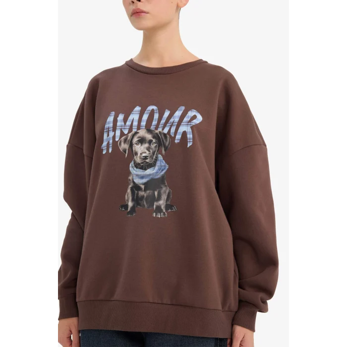 Defacto G6890AXBN1 Kahve Oversize Baskılı Sweatshirt