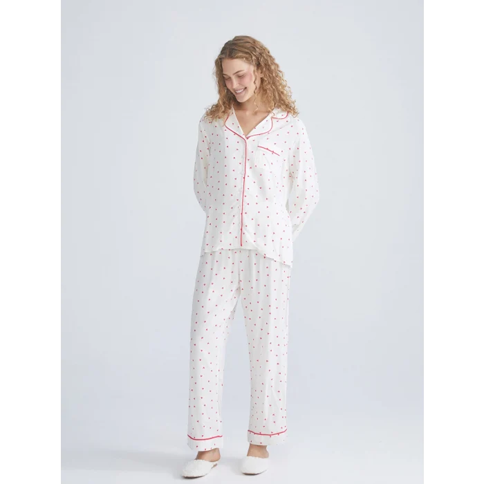 LCW DREAM Ekru Gömlek Yaka Baskılı Kadın Pijama Takımı