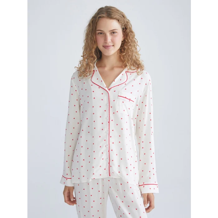 LCW DREAM Ekru Gömlek Yaka Baskılı Kadın Pijama Takımı