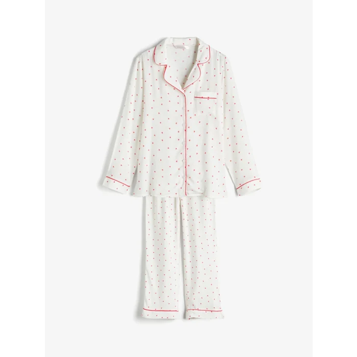 LCW DREAM Ekru Gömlek Yaka Baskılı Kadın Pijama Takımı