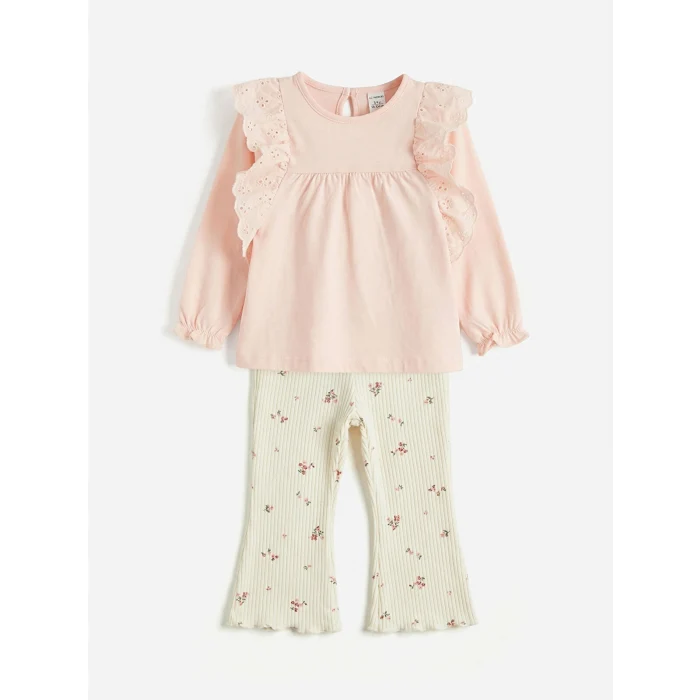 LCW baby Pembe Brode Detaylı Penye Kız Bebek Takım