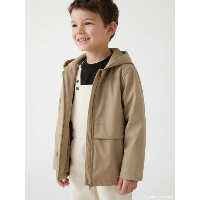 LCW Kids Haki Su İtici Deri Görünümlü Erkek Çocuk Mont