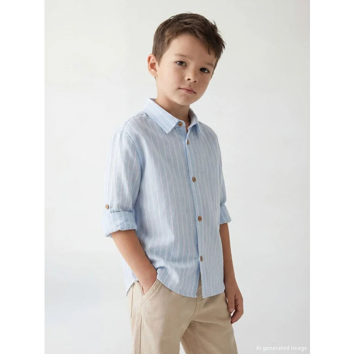 LCW Kids Mavi Uzun Kollu Çizgili Erkek Çocuk Gömlek