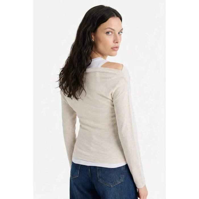 Defacto G6336AXBG737 Bej Slim Fit Çift Katmanlı Ribana Tişört