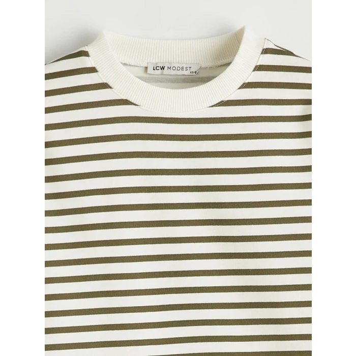 LCW Modest Haki Kadın Oversize Fit Çizgili Sweatshirt Tunik