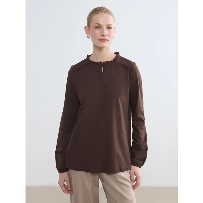 LCW Grace Kahverengi Bisiklet Yaka Nakışlı Bluz