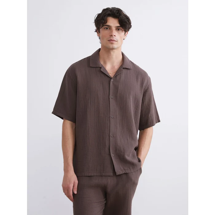 XSIDE Kahverengi Rahat Kalıp Resort Yaka Kısa Kollu Müslin Erkek Gömlek