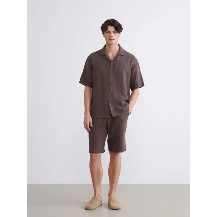 XSIDE Kahverengi Rahat Kalıp Resort Yaka Kısa Kollu Müslin Erkek Gömlek