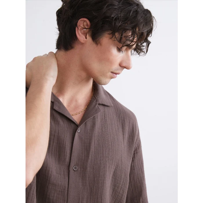 XSIDE Kahverengi Rahat Kalıp Resort Yaka Kısa Kollu Müslin Erkek Gömlek
