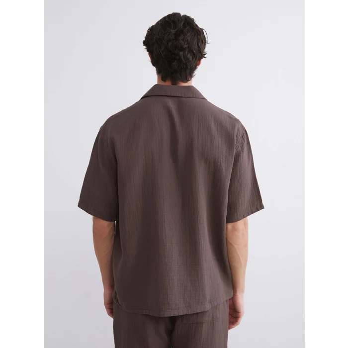 XSIDE Kahverengi Rahat Kalıp Resort Yaka Kısa Kollu Müslin Erkek Gömlek