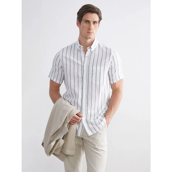 LCWAIKIKI Classic Haki Regular Fit Çizgili Erkek Gömlek