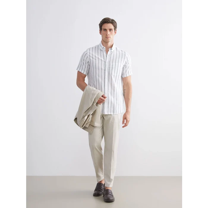 LCWAIKIKI Classic Haki Regular Fit Çizgili Erkek Gömlek