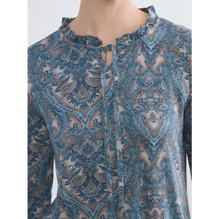 LCW Grace Kahverengi Bağlamalı Yaka Desenli Bluz