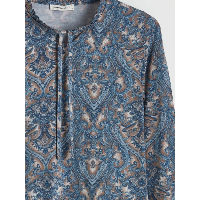 LCW Grace Kahverengi Bağlamalı Yaka Desenli Bluz