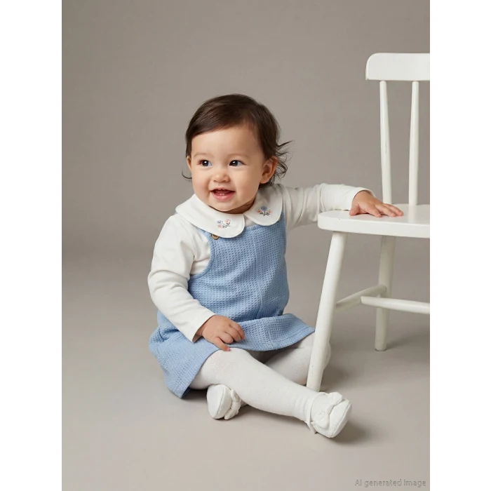 LCW baby Mavi Nakışlı Kız Bebek Salopet Elbise ve Bluz