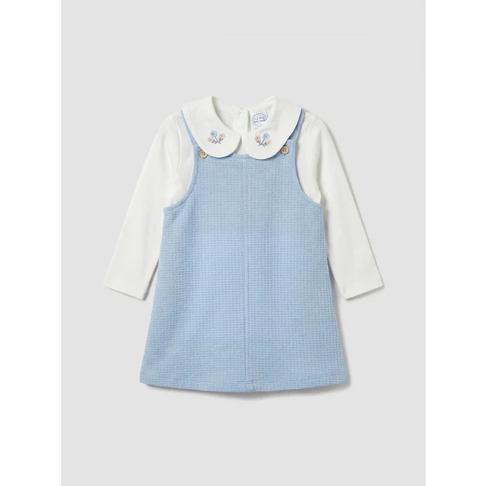LCW baby Mavi Nakışlı Kız Bebek Salopet Elbise ve Bluz