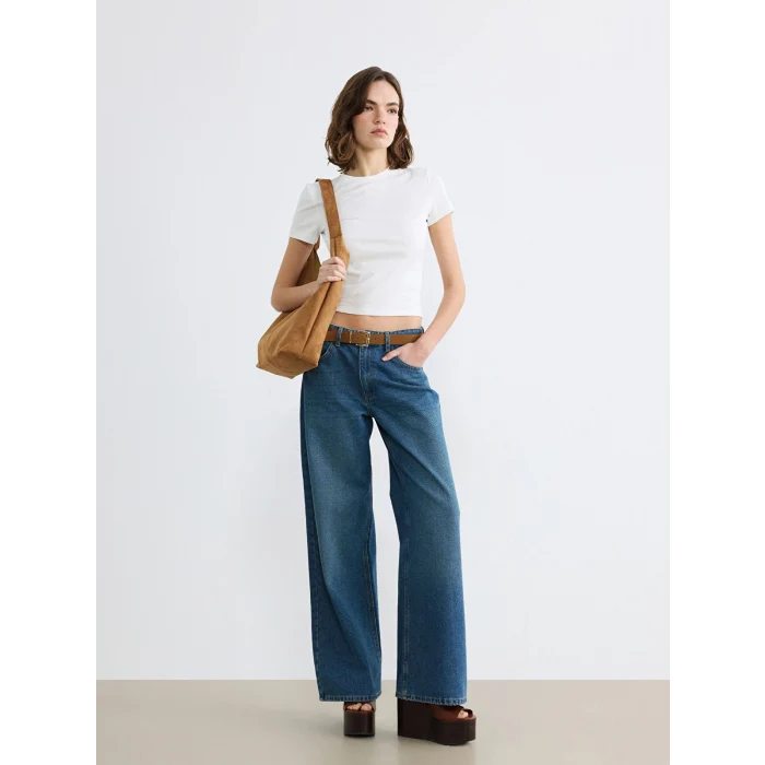 LCW Jeans İndigo Beli Kemerli Wideleg Kadın Jean Pantolon_BilişlemDüzeltecek