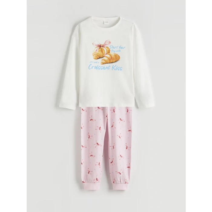 LCW Kids Ekru Bisiklet Yaka Baskılı Kız Çocuk Pijama Takımı